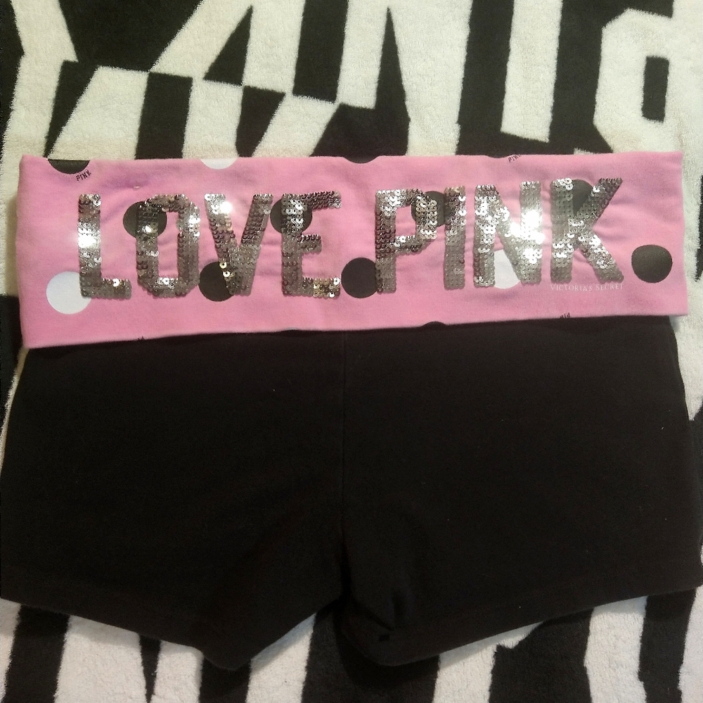 Victoria's Secret Pink Polka Dot Fold Over Yoga Bling Sequin Shorts. S.